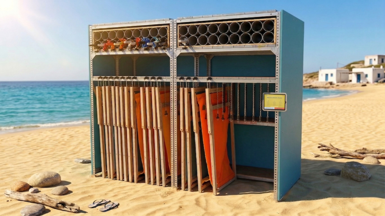 AI generated simulation of Smart Rack V2 deployed at a Greek beachfront location with modular lock system and organized beach equipment storage